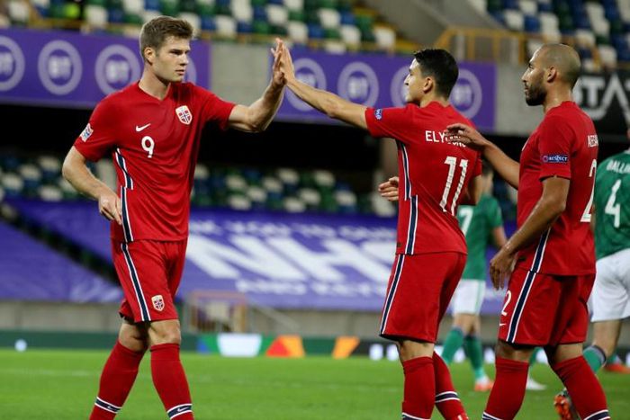 Sorloth (left) celebrates after scoring for Norway against Northern Ireland this month