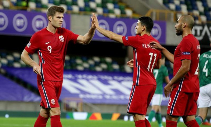 Sorloth (left) celebrates after scoring for Norway against Northern Ireland this month