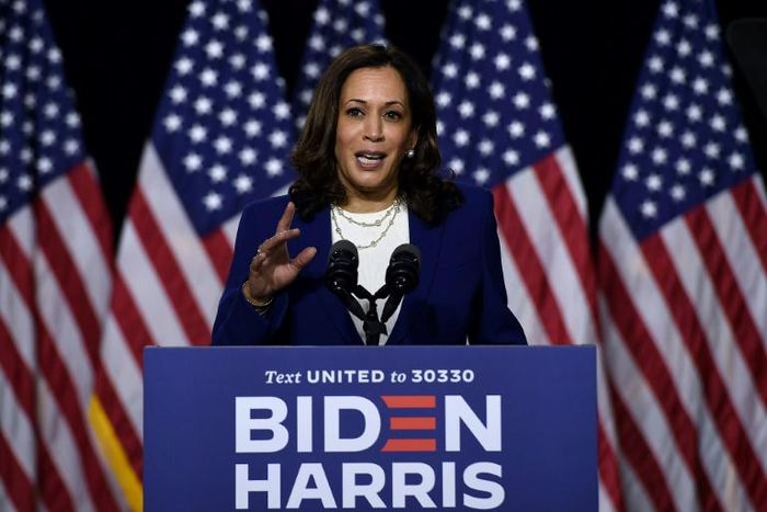 Democratic vice presidential running mate, US Senator Kamala Harris, speaks during the first press conference with Joe Biden