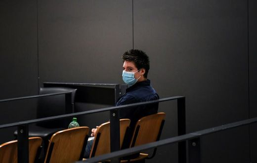 Portuguese whistleblower Rui Pinto waits for the start of his trial in Lisbon