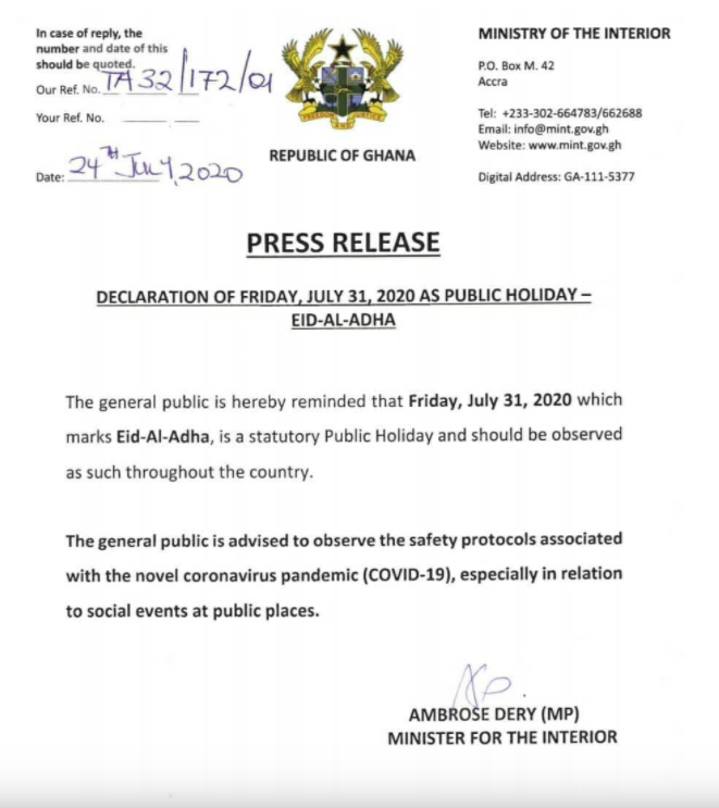 Friday, July 31, 2020 is a public holiday