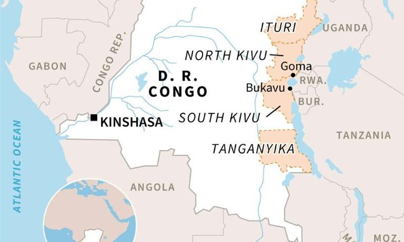 Map of the DRC locating North and South Kivu, Ituri and Tanganyika