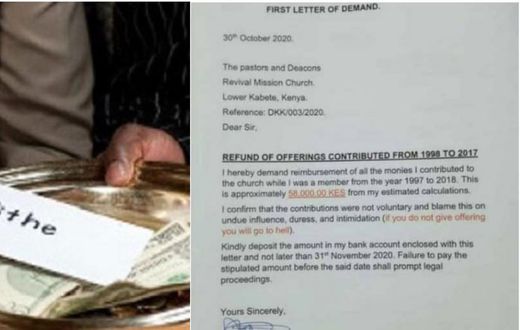 Christian man threatens church with legal action over offerings given from 1998 to 2017