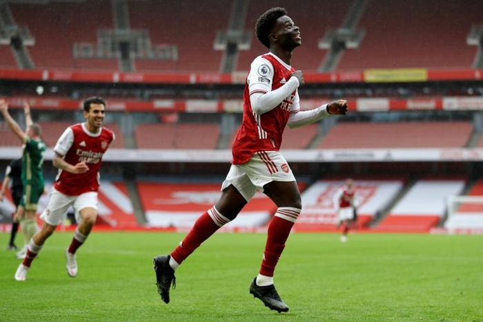 Arsenal's Bukayo Saka celebrates his goal against Sheffield United