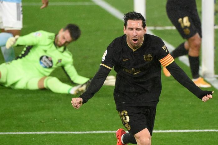 Old head: Barcelona captain 
Lionel Messi celebrated after his run ended with Vigo defender Lucas Olaza scoring an own goal