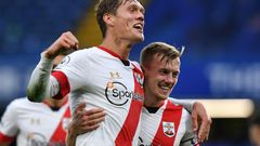 Southampton defender Jannik Vestergaard (L) celebrates scoring against Chelsea