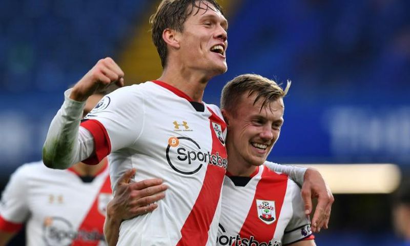Southampton defender Jannik Vestergaard (L) celebrates scoring against Chelsea
