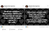 Screenshot of Afia Schwarzenegger's reply to MzBel