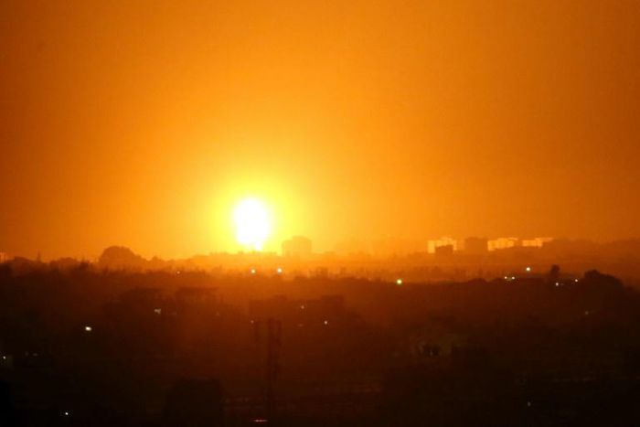 Smoke and flames rise after Israeli army war planes carried out airstrikes over Khan Yunis, Gaza Strip on August 16