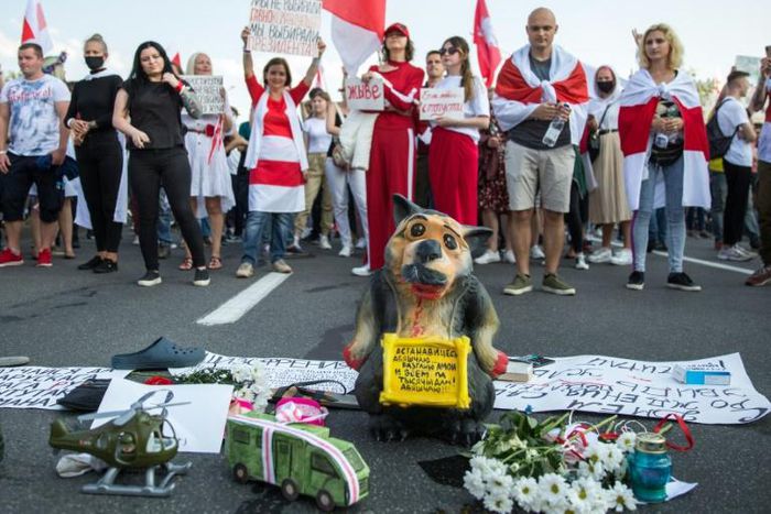 Opposition supporters rally to protest against disputed presidential election results in Minsk on August 30, 2020