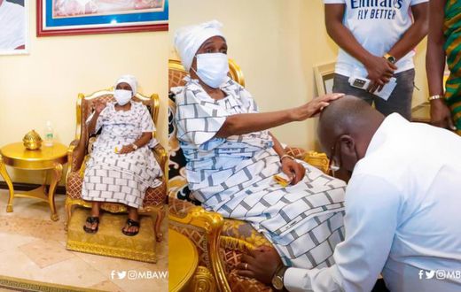 Bawumia kneels to receive a special blessing from Asantehemaa