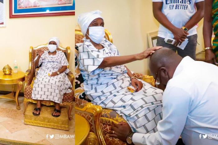 Bawumia kneels to receive a special blessing from Asantehemaa