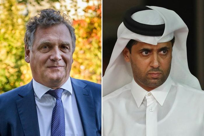 Jerome Valcke (left) and Nasser Al-Khelaifi go on trial in Switzerland on Monday