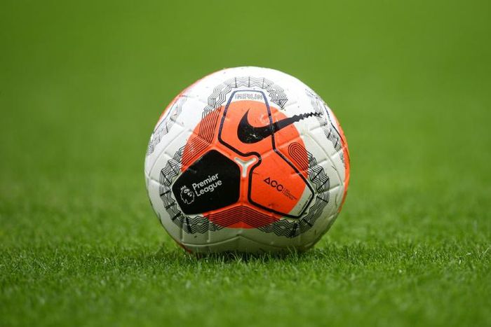 The logo of the English Premier League is pictured on a match ball