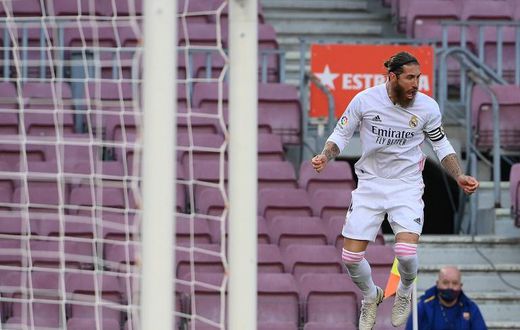 Sergio Ramos celebrates scoring a penalty in Real Madrid's win over Barcelona on Saturday.