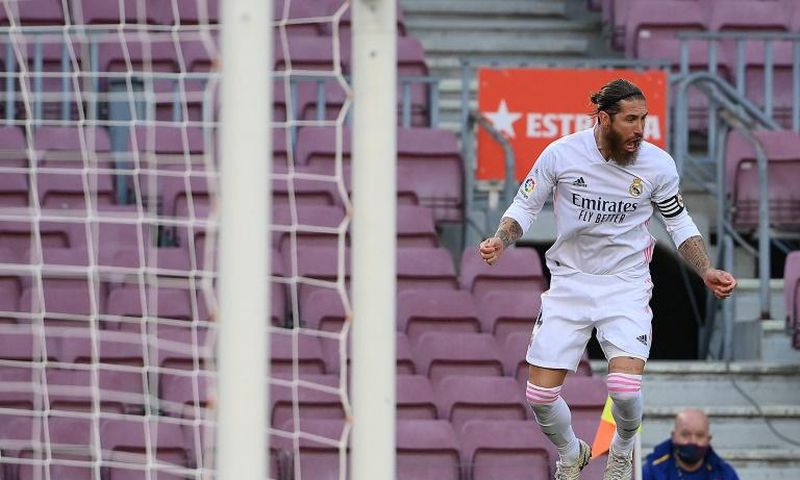 Sergio Ramos celebrates scoring a penalty in Real Madrid's win over Barcelona on Saturday.