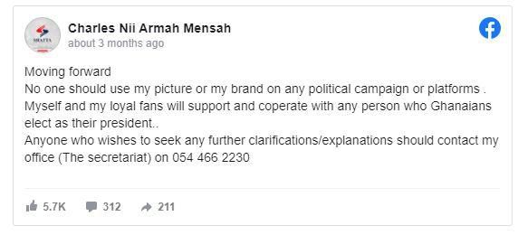 Screenshot of Shatta Wale's post warning political parties not to use his songs to campaign