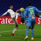 Houssem Aouar (L) has what he thought was his winning goal ruled out for a foul on Marseille keeper Steve Mandanda