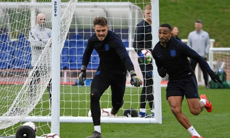England goalkeeper Jack Butland (L) has joined Crystal Palace