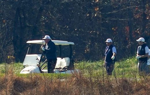 President Donald Trump participates in a round of golf at the Trump National Golf Course on Saturday, Nov. 7, 2020, in Sterling, Virginia.