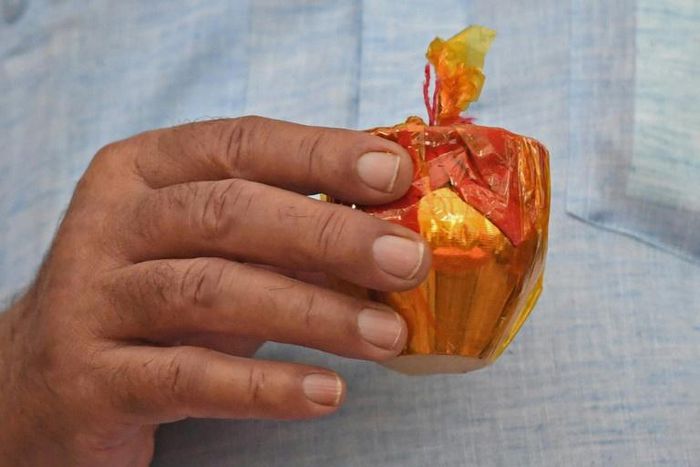 A supporter of Vishva Hindu Parishad holds a pot filled with sacred soil and water from various Hindu holy spots for use constructing the new temple