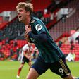 Leeds striker Patrick Bamford celebrates after scoring against Sheffield United