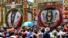 Festival goers looking at exhibits at Yimin temple in Hsinchu, northern Taiwan
