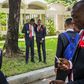 Seniors at Saint-Louis de Gonzague school in Port-au-Prince, Haiti, gather after their graduation photo on August 4, 2020; with Haitian schools set to reopen nationwide, a huge opportunity gap separates them