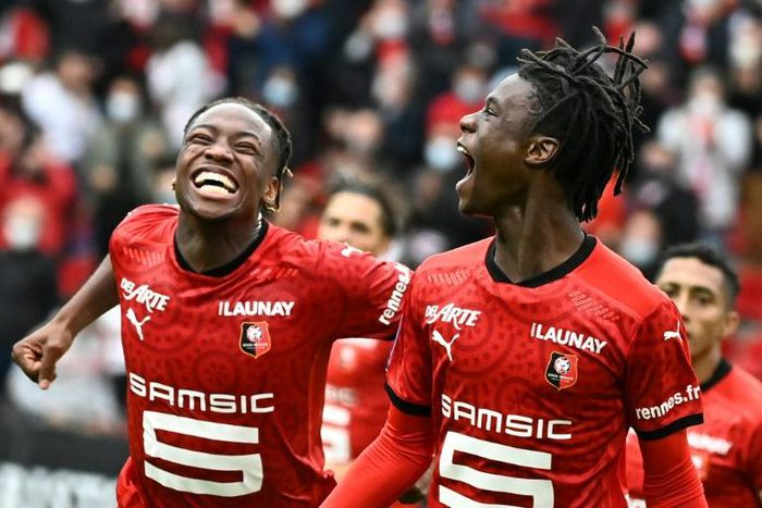 Eduardo Camavinga (R) celebrates what turned out to be the winning goal against Montpellier