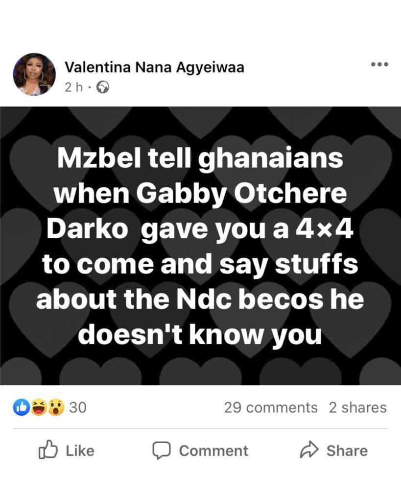 Screenshot of Afia Schwarzenegger's reply to MzBel
