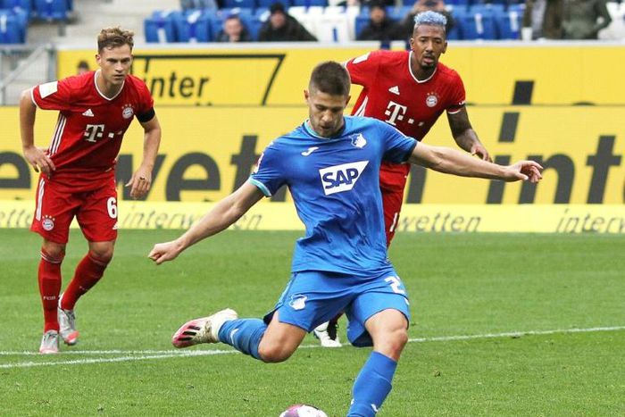 Hoffenheim striker Andrej Kramaric converts a late penalty in Sunday's shock 4-1 win over Bayern Munich