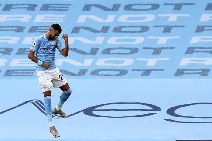 Algerian Riyad Mahrez celebrates putting Manchester City ahead, but his joy was shortlived as Leicester City hit back to triumph 5-2.