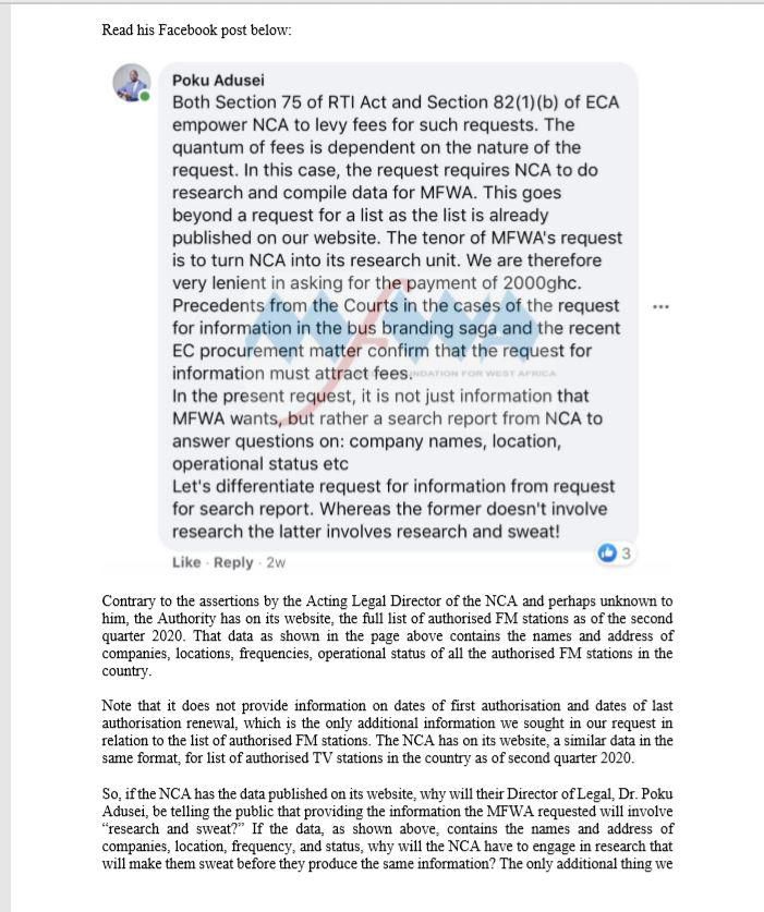 Media Foundation for West Africa accuses NCA of bias and abuse of the Right To Information Law