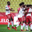 Monaco forward Kevin Volland (C) celebrates his first goals in Ligue 1