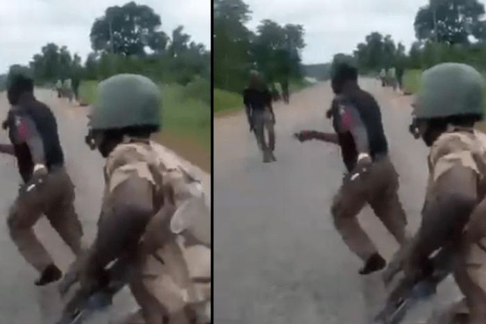 Angry Nigerian soldiers chase, beat police officers makes them return bribes to civilians