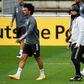 Germany head coach Joachim Loew (centre) oversees training in Stuttgart alongside Leroy Sane (left) and Kai Havertz (right).