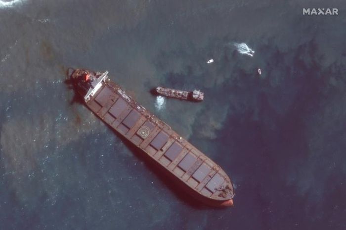 Satellite image showed the stricken tanker off the southeastern coast of Mauritius (picture courtesy of Maxar Technologies)