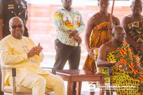 President John Dramani Mahama and Otumfuo Osei Tutu II exchanging pleasantries