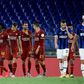 Roma's Leonardo Spinazzola (3rd L) celebrates after scoring aginst Inter Milan at the Olympic Stadium in Rome.