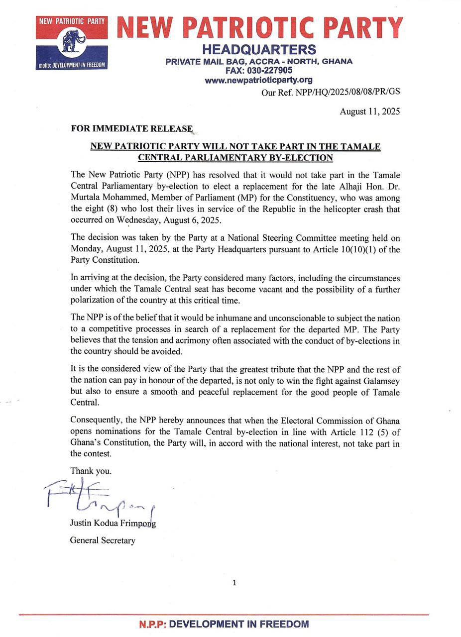 NPP withdraws from Tamale Central by-election after death of Murtala Muhammed