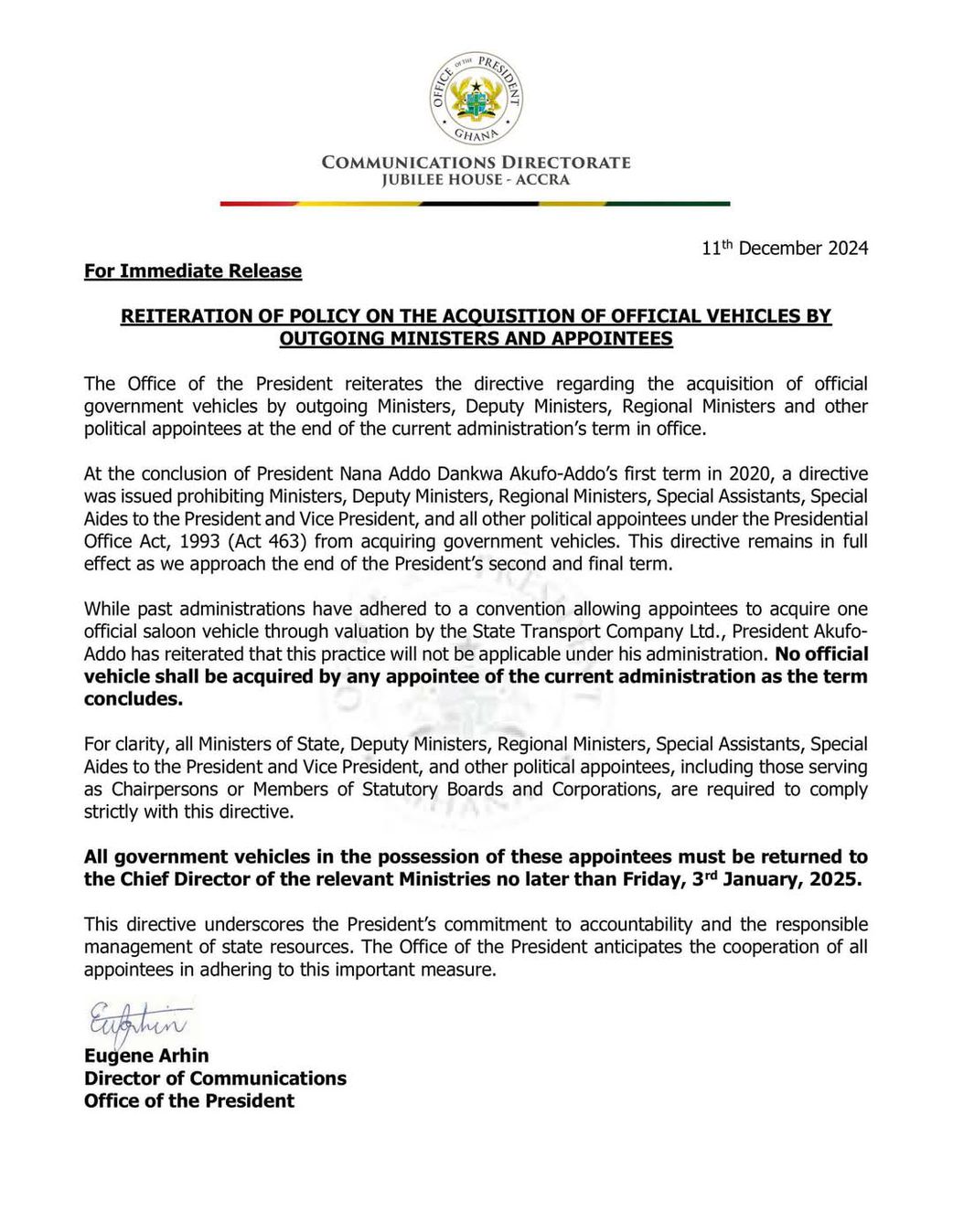 Gov’t appointees to return all official vehicles by 3rd January 2025