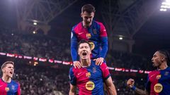 Barcelona players celebrating their goal against Real Madrid in Spanish Super Cup final