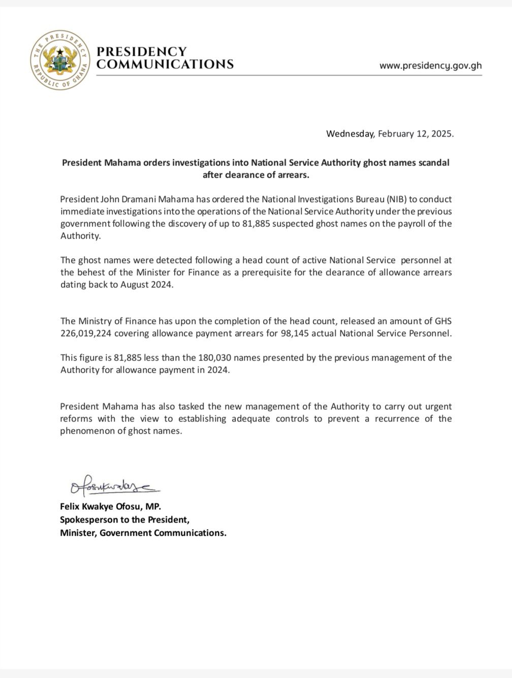 President Mahama orders NIB to investigate over 81,000 suspected NSS ghost names