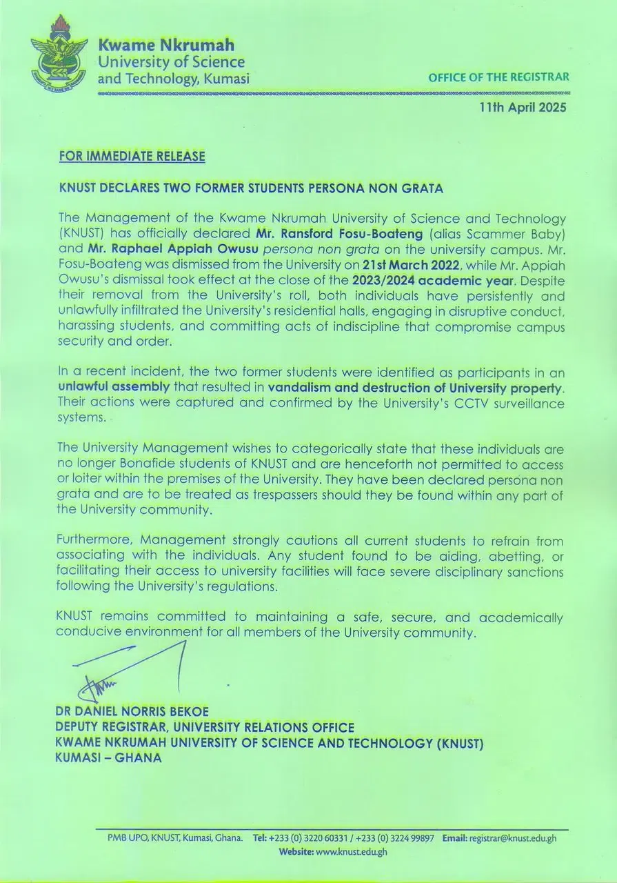 KNUST: 2 students declared persona non grata over indiscipline