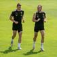 West Ham team-mates Tomas Soucek (L) and Vladimir Coufal (R) take part in a Czech training session