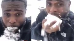 Ghanaian man captured chewing snow gleefully, saying it contains sugar