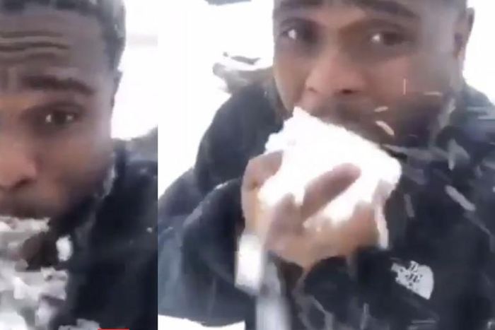 Ghanaian man captured chewing snow gleefully, saying it contains sugar
