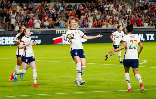 Sam Mewis celebrates after scoring the winning goal in the USA's 1-0 friendly victory against Portugal on Thursday