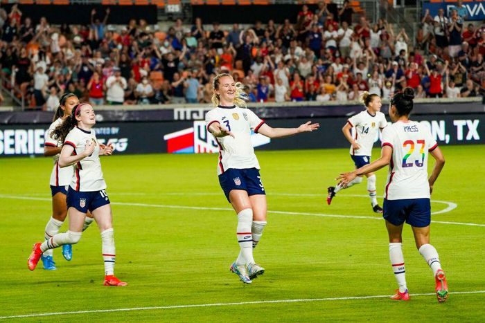 Sam Mewis celebrates after scoring the winning goal in the USA's 1-0 friendly victory against Portugal on Thursday