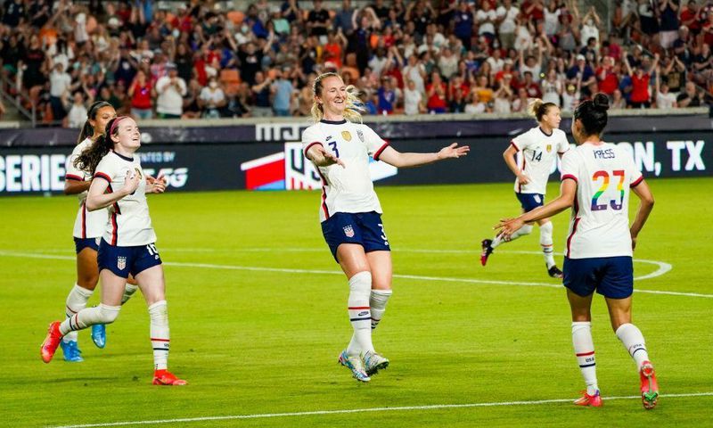 Sam Mewis celebrates after scoring the winning goal in the USA's 1-0 friendly victory against Portugal on Thursday